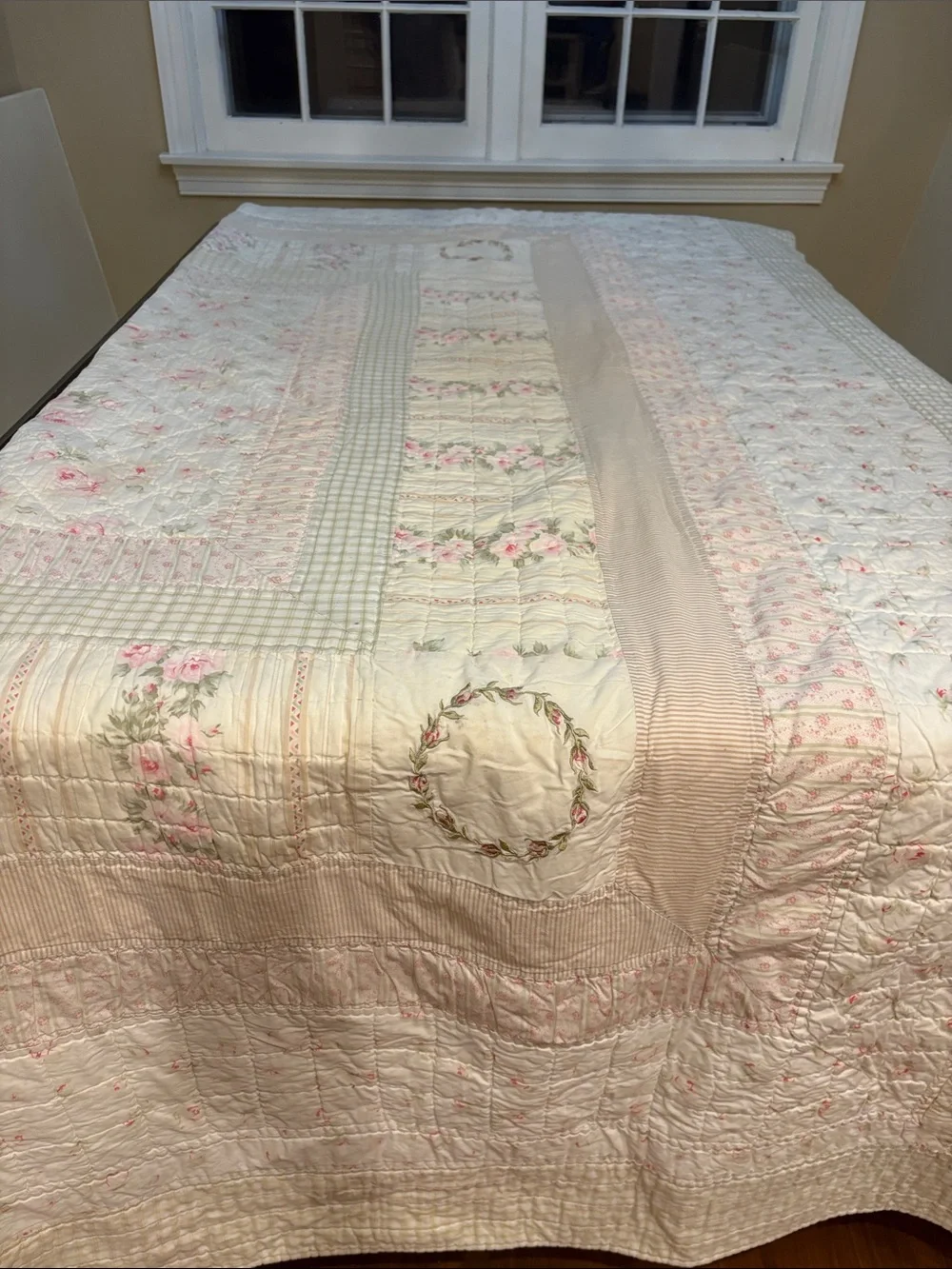 Cream and Pink Floral Patchwork Hand stitched  Quilt